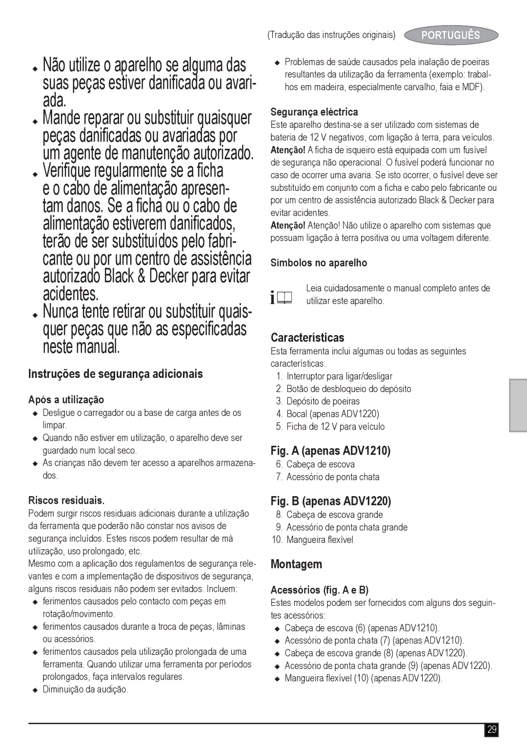 Black & Decker ADV1220 manual Instruções de segurança adicionais, Montagem 