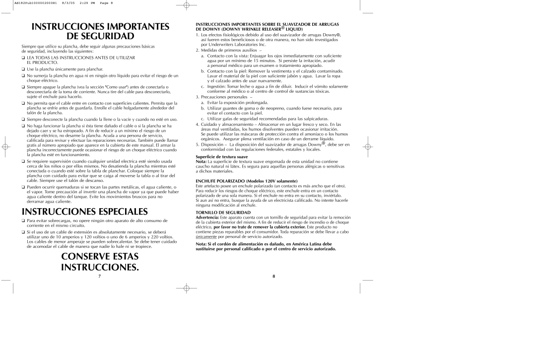 Black & Decker AS182 manual Instrucciones Importantes DE Seguridad, Instrucciones Especiales, Conserve Estas Instrucciones 