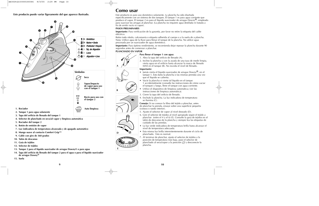 Black & Decker AS182 manual Como usar, Pasos Preliminares, Planchado EN Vapor 