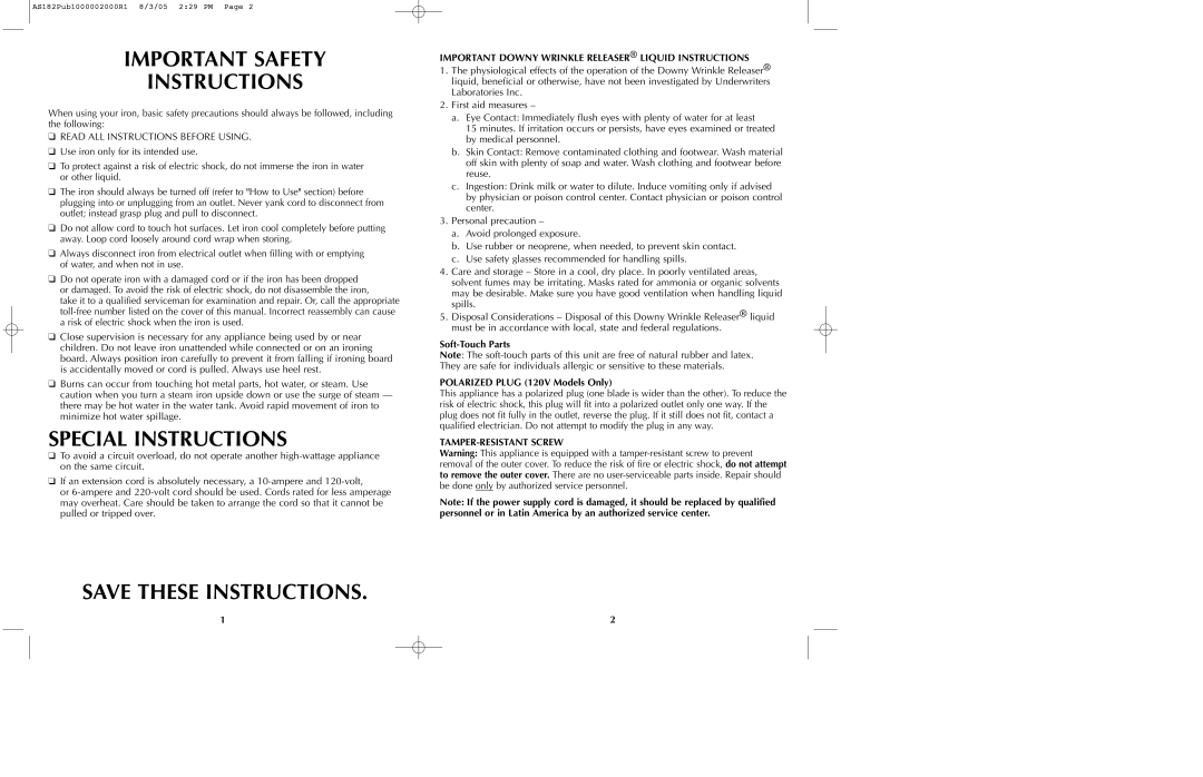 Black & Decker AS182 manual Important Safety Instructions, Special Instructions, Save These Instructions, Soft-Touch Parts 