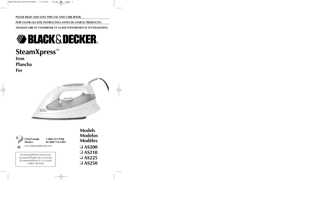 Black & Decker manual Iron Plancha Fer, Models Modelos Modèles AS200 AS210 AS225 AS250 