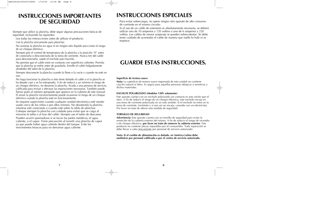 Black & Decker AS210, AS200 Instrucciones Importantes DE Seguridad, Instrucciones Especiales, Guarde Estas Instrucciones 