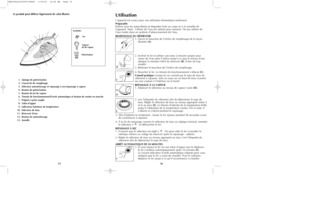 Black & Decker AS210, AS200, AS225, AS250 manual Utilisation, Remplissage DU Réservoir, Repassage À LA Vapeur, Repassage À SEC 