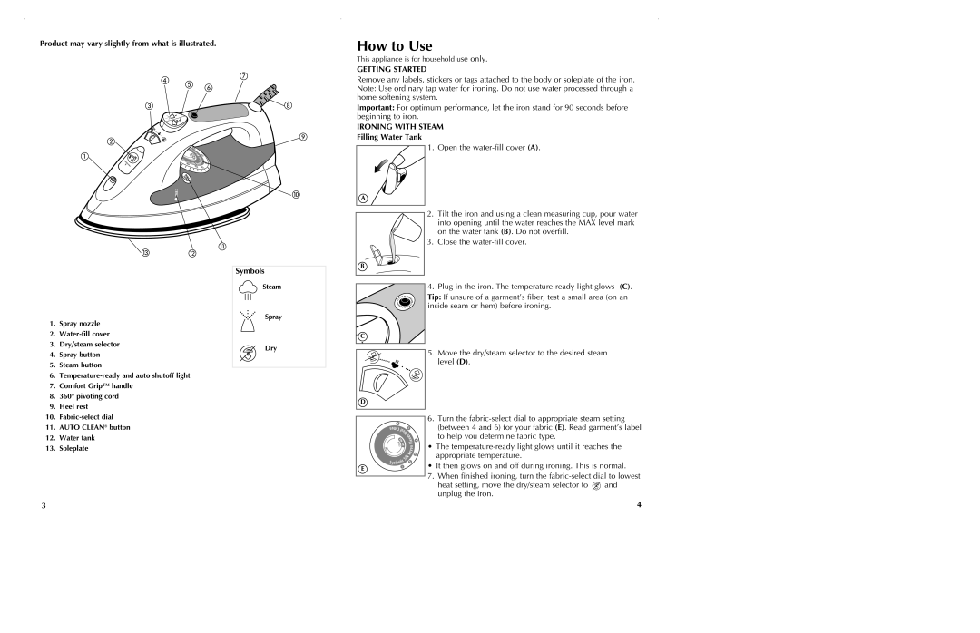 Black & Decker AS255 manual How to Use, Getting Started, Ironing with Steam 