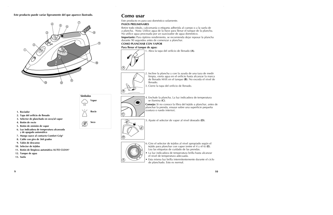 Black & Decker AS255 manual Como usar, Pasos Preliminares, Como Planchar CON Vapor, Para llenar el tanque de agua, Símbolos 