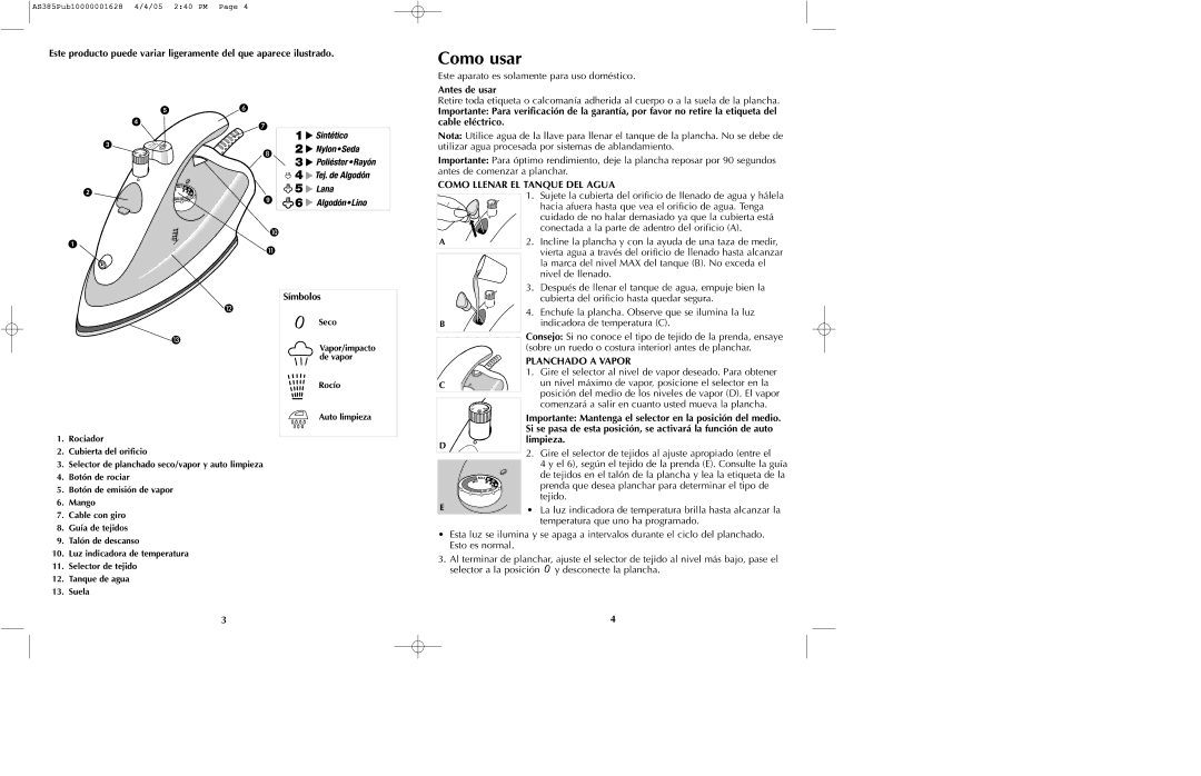 Black & Decker AS385 manual Antes de usar, Como Llenar EL Tanque DEL Agua, Símbolos, Planchado a Vapor, Limpieza 