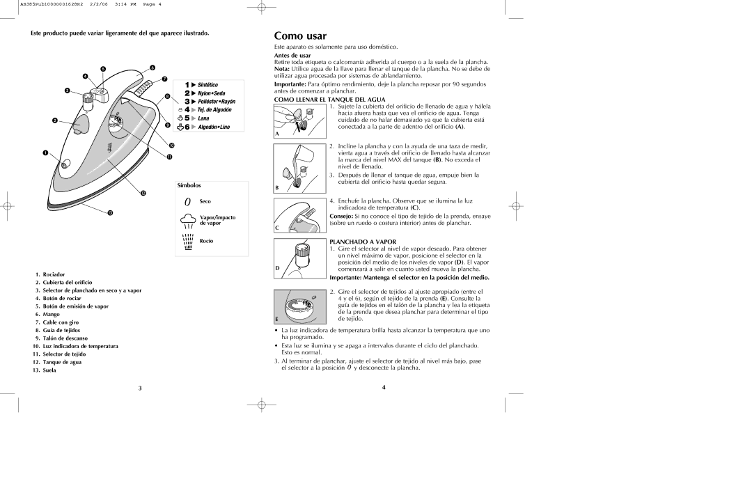 Black & Decker AS395, AS390 manual Como usar, Antes de usar, Como Llenar EL Tanque DEL Agua, Planchado a Vapor 
