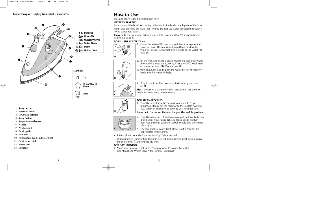 Black & Decker AS390, AS395 manual How to Use, Getting Started, To Fill the Water Tank, For Steam Ironing, For DRY Ironing 