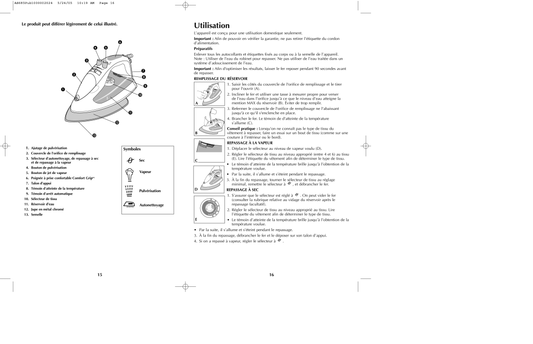 Black & Decker AS685, AS675 manual Utilisation, Le produit peut différer légèrement de celui illustré, Symboles 