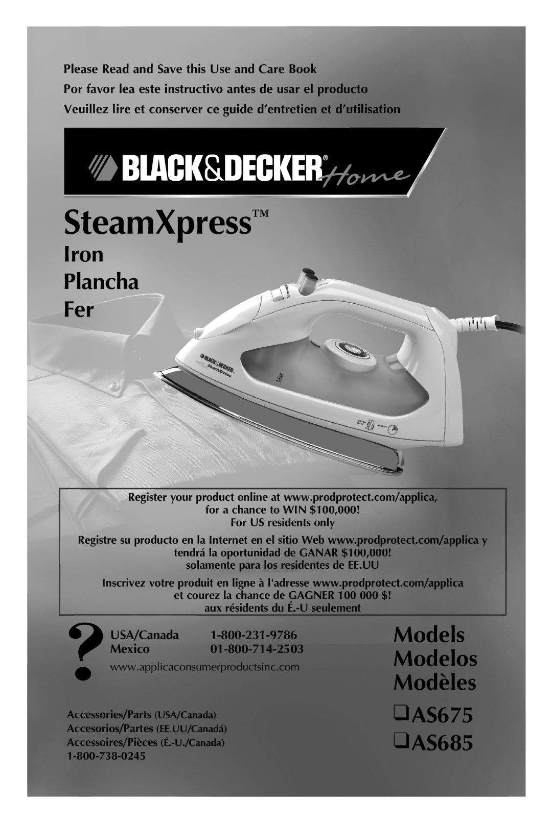 Black & Decker manual Iron Plancha Fer, Models Modelos Modèles, AS675 AS685, USA/Canada Mexico 