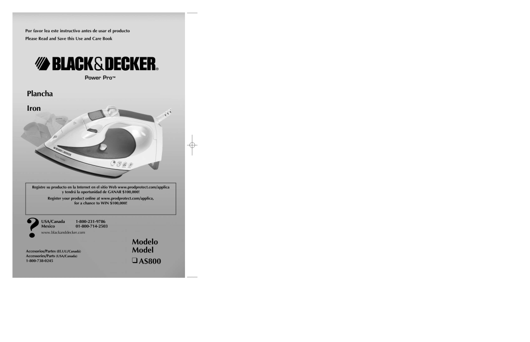 Black & Decker AS800 manual Plancha Iron, Modelo Model, Power Pro, Please Read and Save this Use and Care Book 