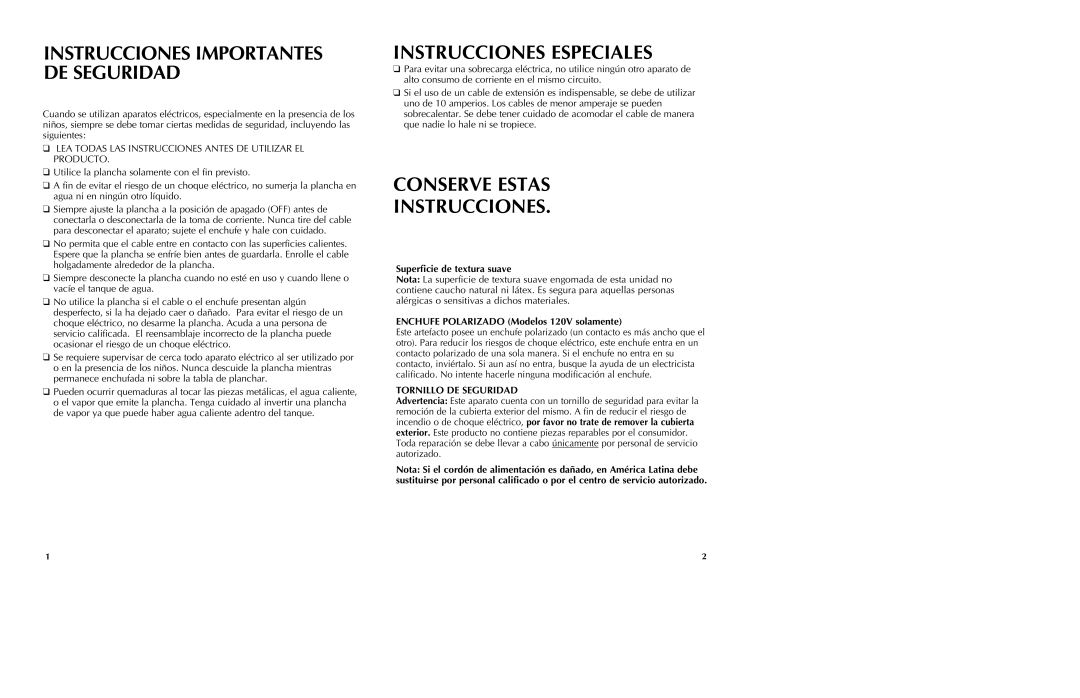 Black & Decker AS800 manual Instrucciones Especiales, Conserve Estas Instrucciones, Superficie de textura suave 