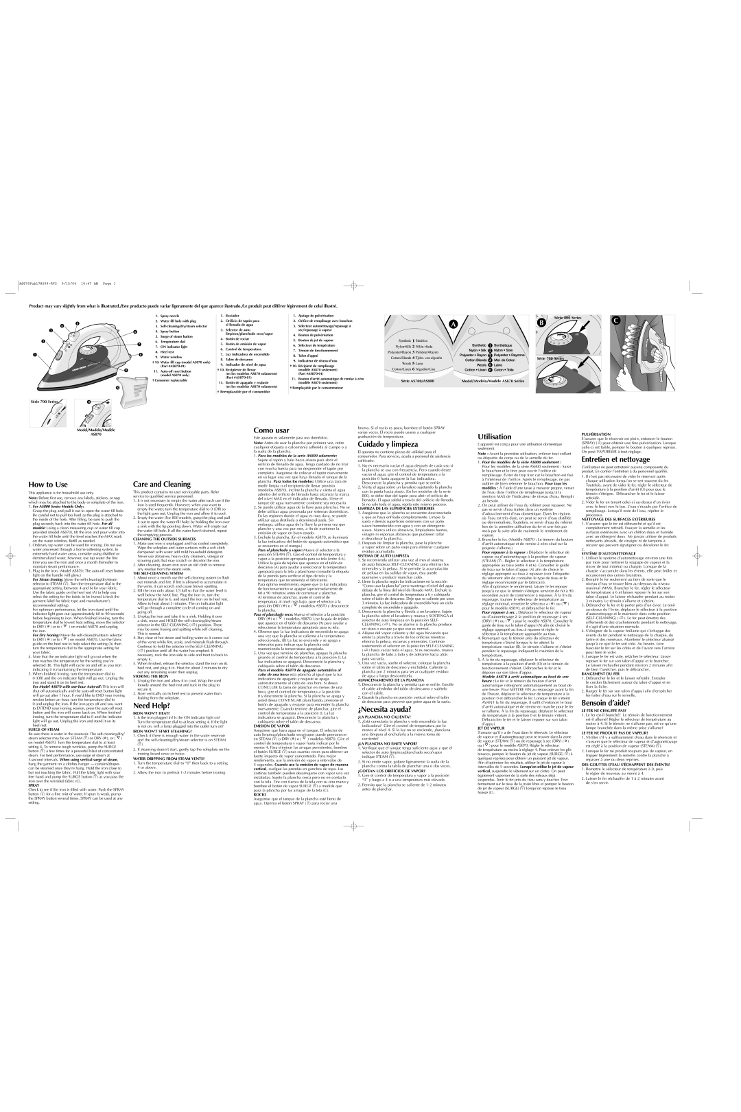 Black & Decker AS870 user service Surge of Steam, Spray, Cleaning the Outside Surfaces, SELF-CLEANING System, Rocio 