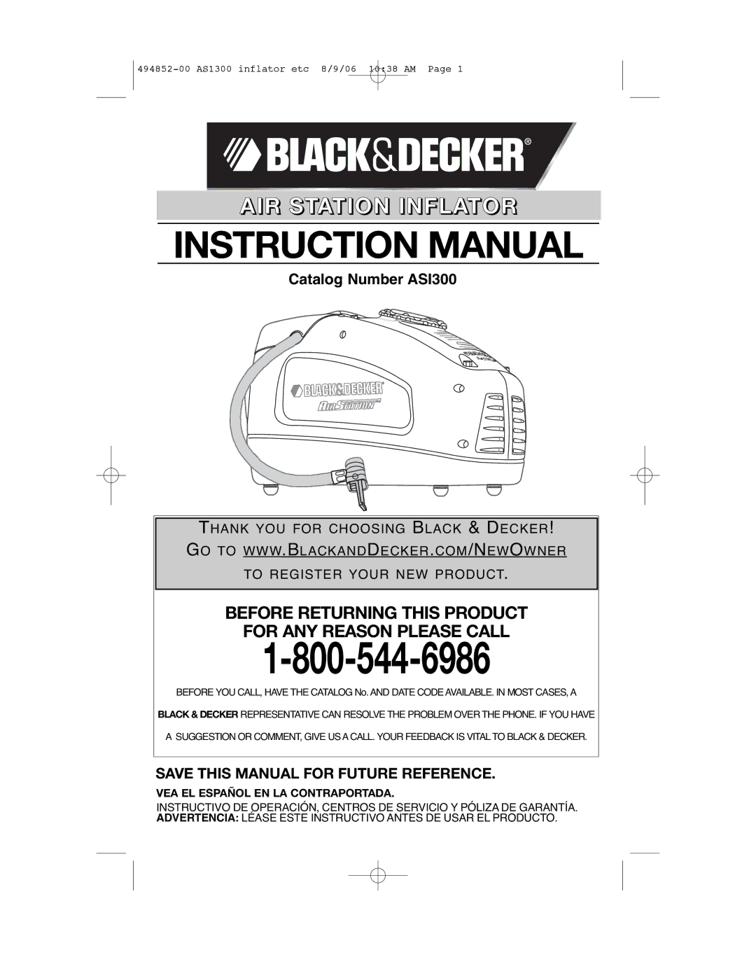 Black & Decker ASI300 instruction manual AIR Station Inflator 