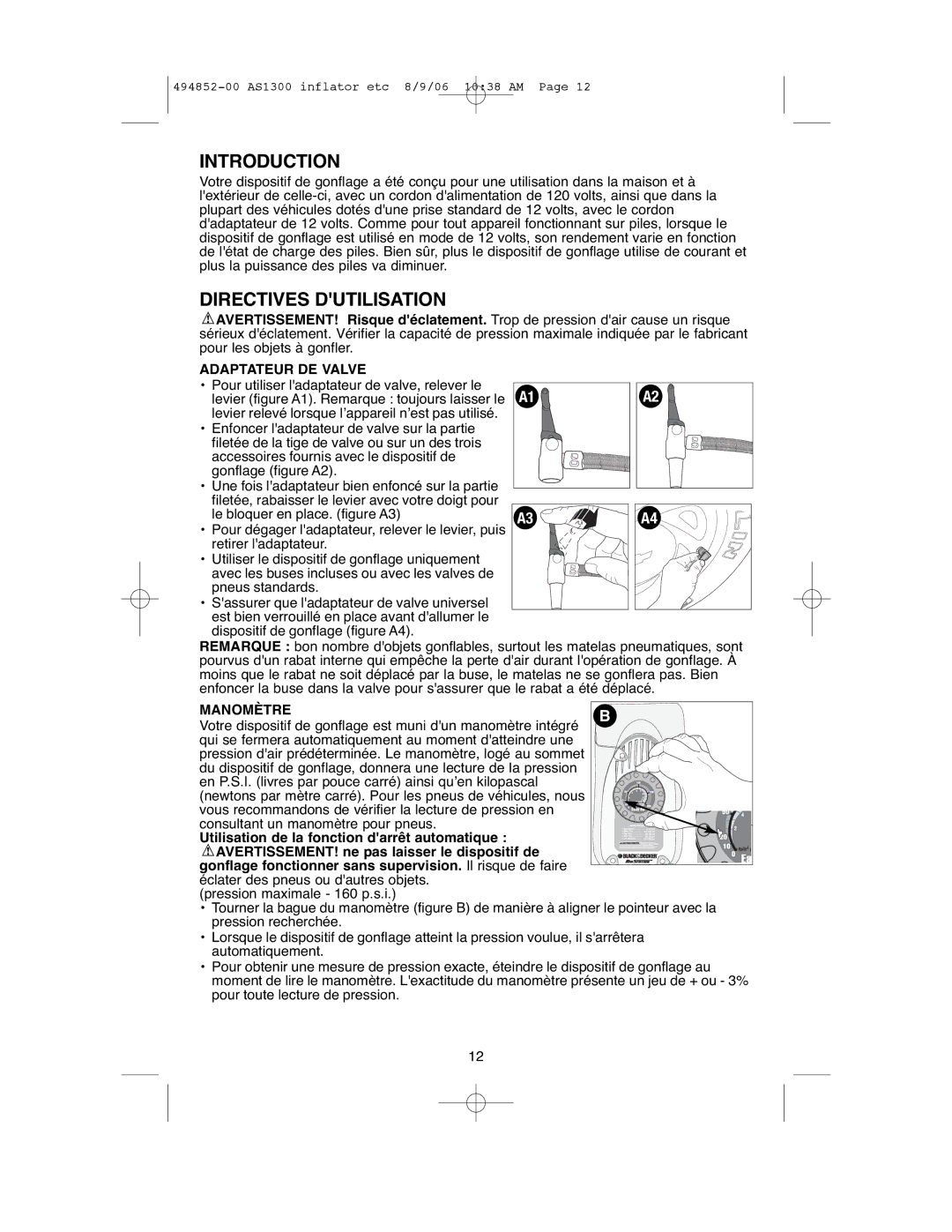 Black & Decker ASI300 instruction manual Directives Dutilisation, Adaptateur DE Valve, Manomètre 