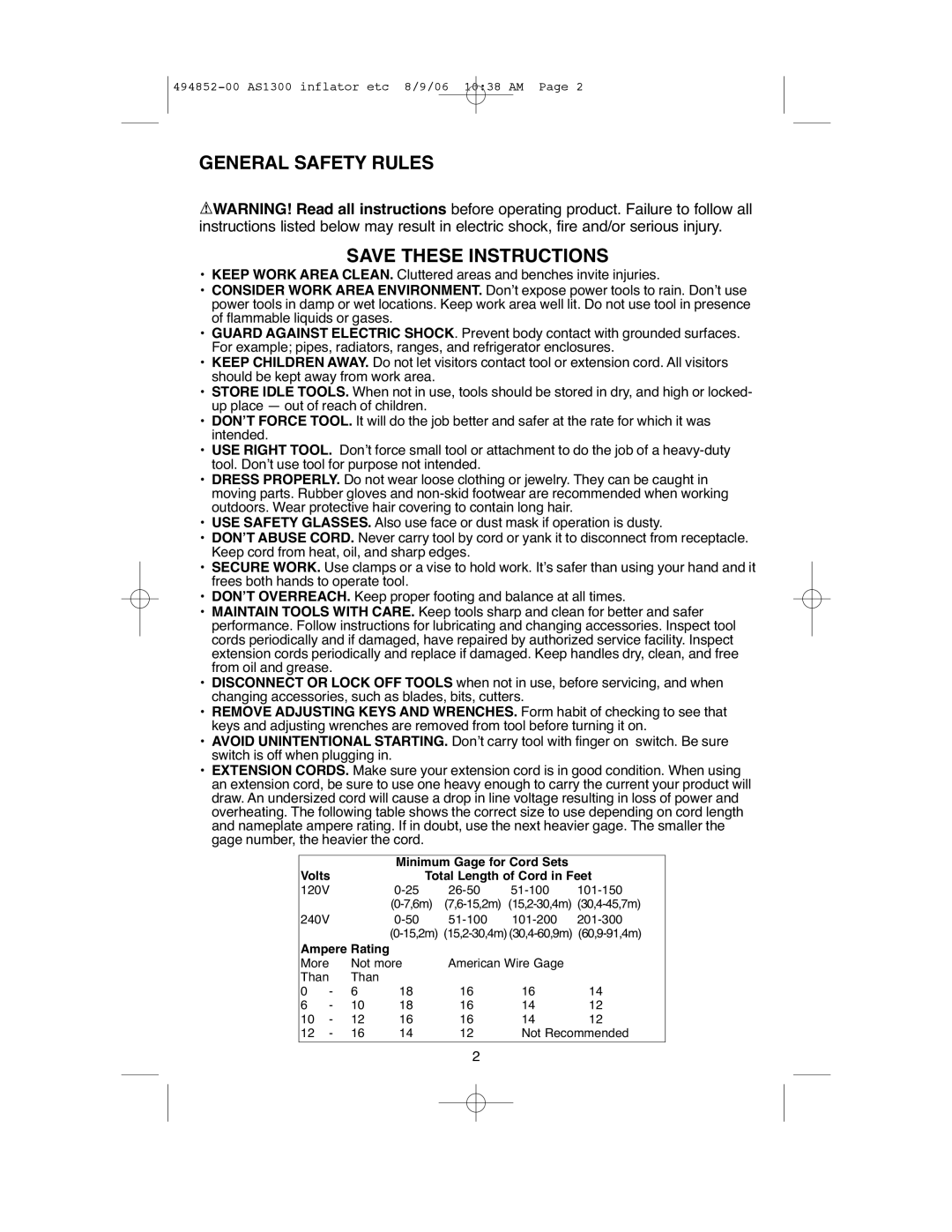 Black & Decker ASI300 instruction manual General Safety Rules, Volts Total Length of Cord in Feet 