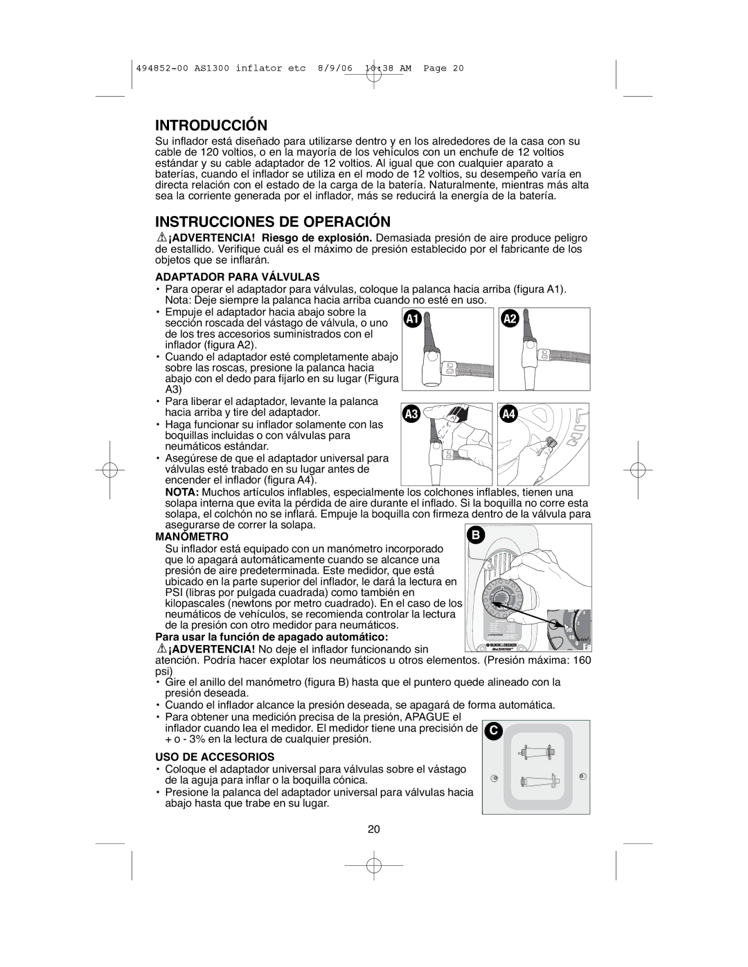 Black & Decker ASI300 Introducción, Instrucciones DE Operación, Adaptador Para Válvulas, Manómetro, USO DE Accesorios 