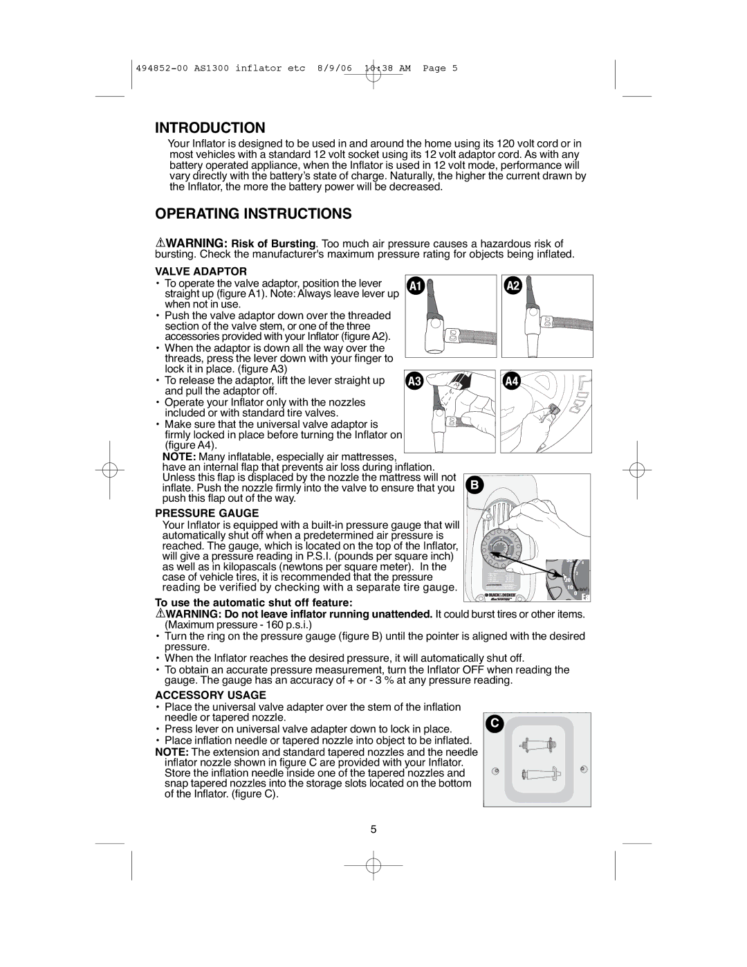 Black & Decker ASI300 Introduction, Operating Instructions, Valve Adaptor, Pressure Gauge, Accessory Usage 