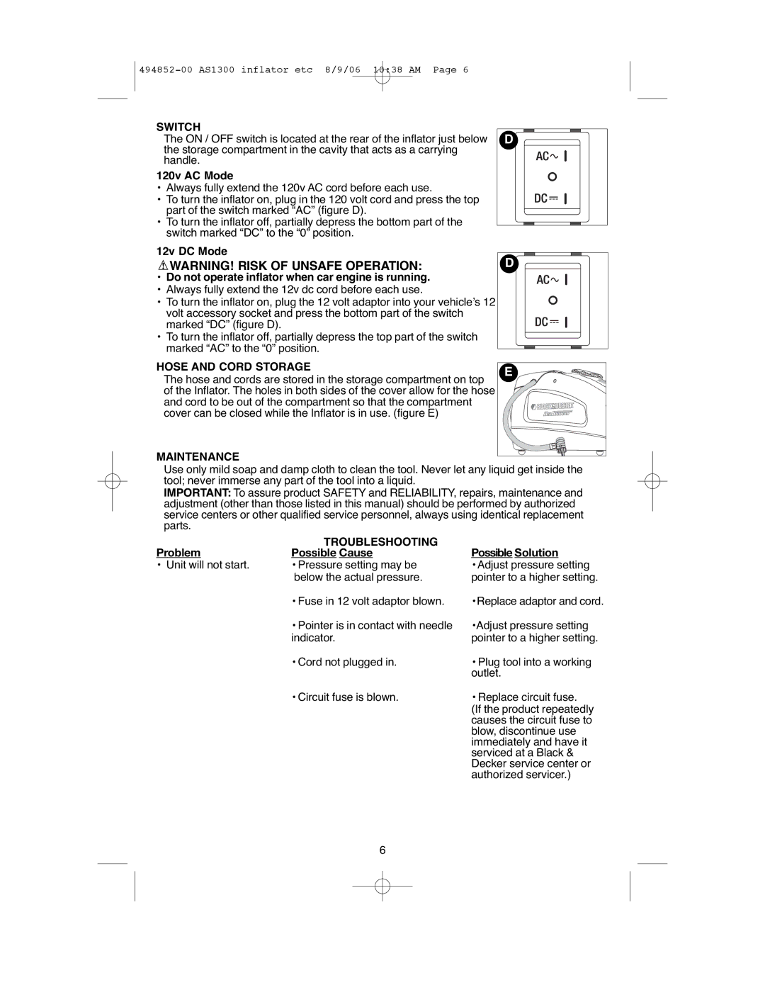 Black & Decker ASI300 instruction manual Switch, 120v AC Mode, Hose and Cord Storage, Maintenance, Troubleshooting 