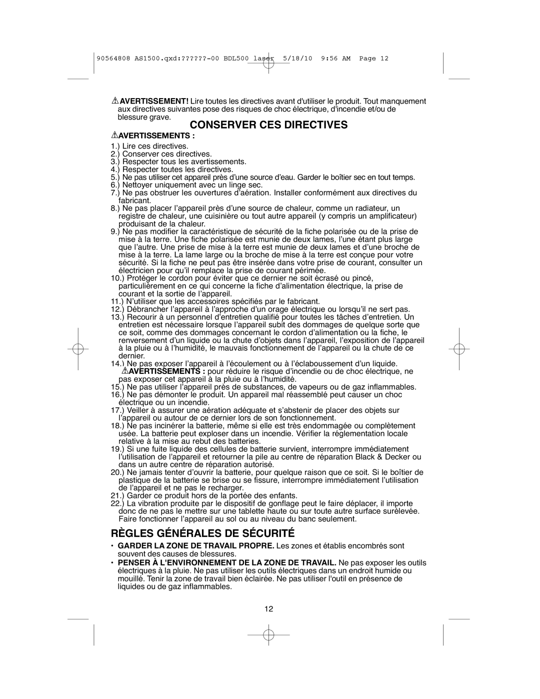 Black & Decker ASI500 instruction manual Conserver CES Directives, Règles Générales DE Sécurité 