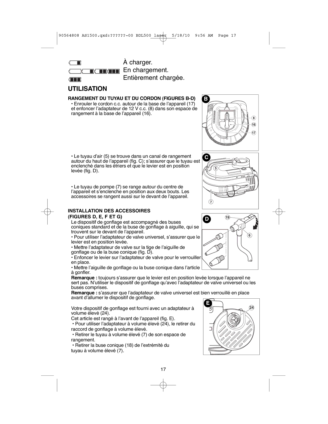 Black & Decker ASI500 instruction manual Utilisation, Rangement DU Tuyau ET DU Cordon Figures B-D 