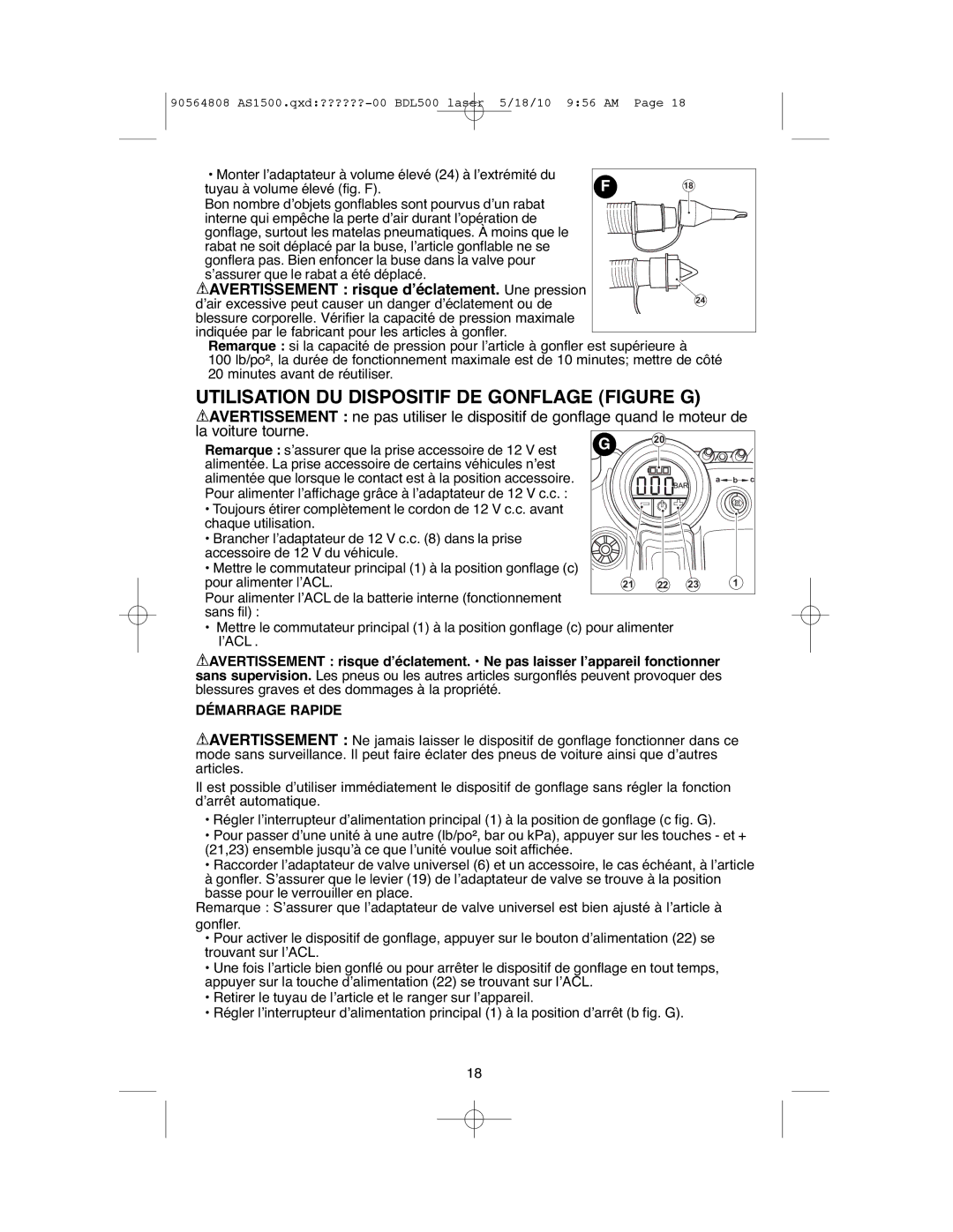 Black & Decker ASI500 instruction manual Utilisation DU Dispositif DE Gonflage Figure G, Démarrage Rapide 