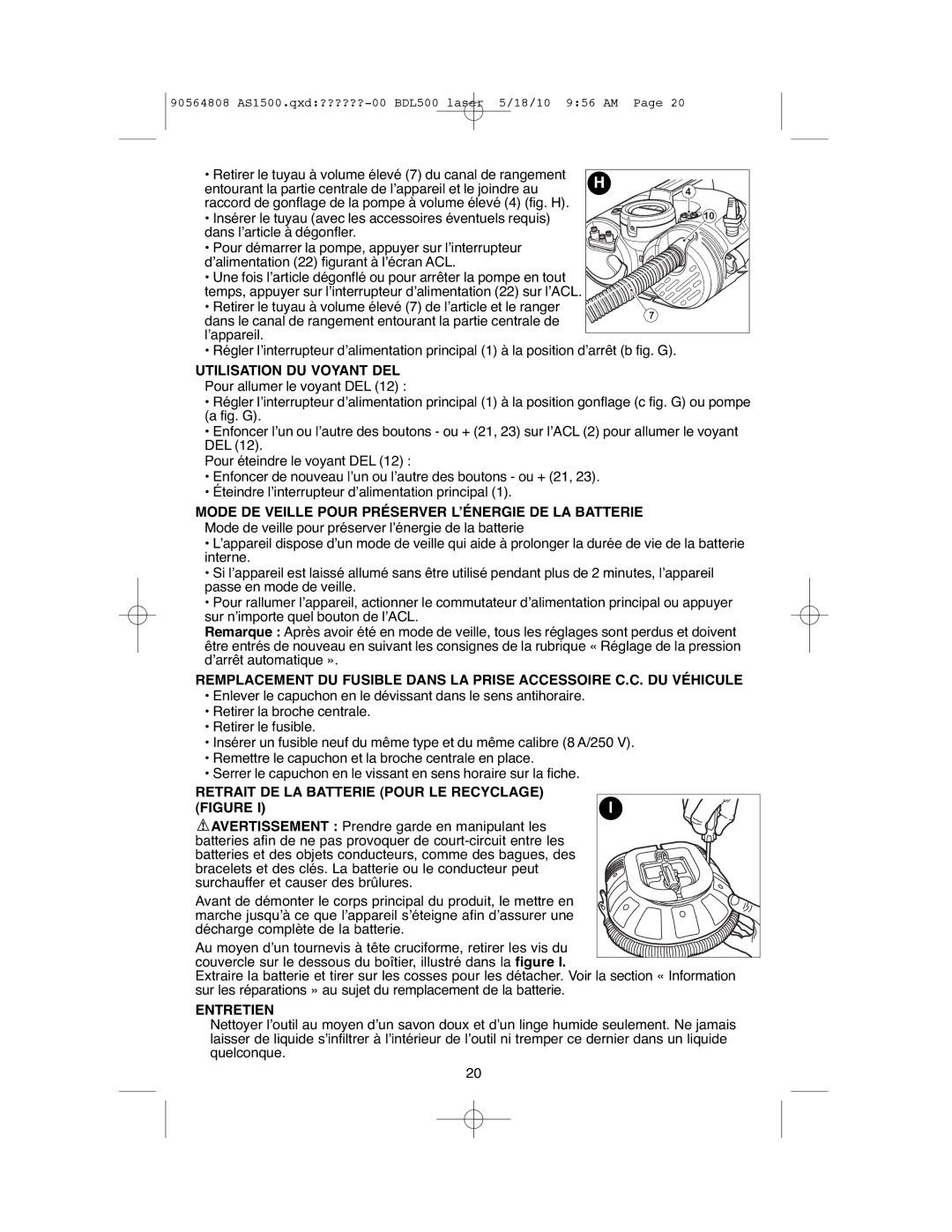 Black & Decker ASI500 Utilisation DU Voyant DEL, Mode DE Veille Pour Préserver LʼÉNERGIE DE LA Batterie, Entretien 