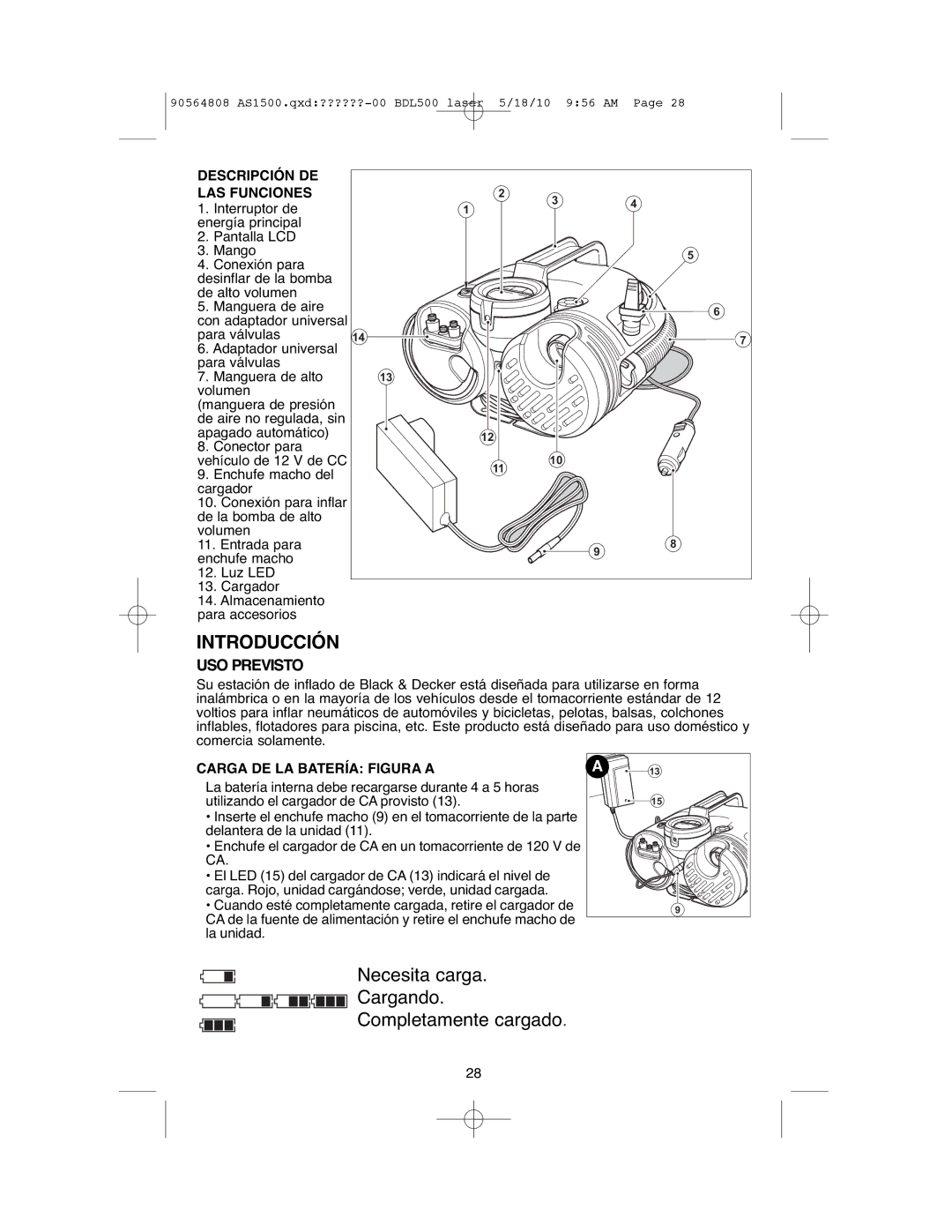 Black & Decker ASI500 instruction manual Introducción, Descripción DE LAS Funciones, Carga DE LA Batería Figura a 