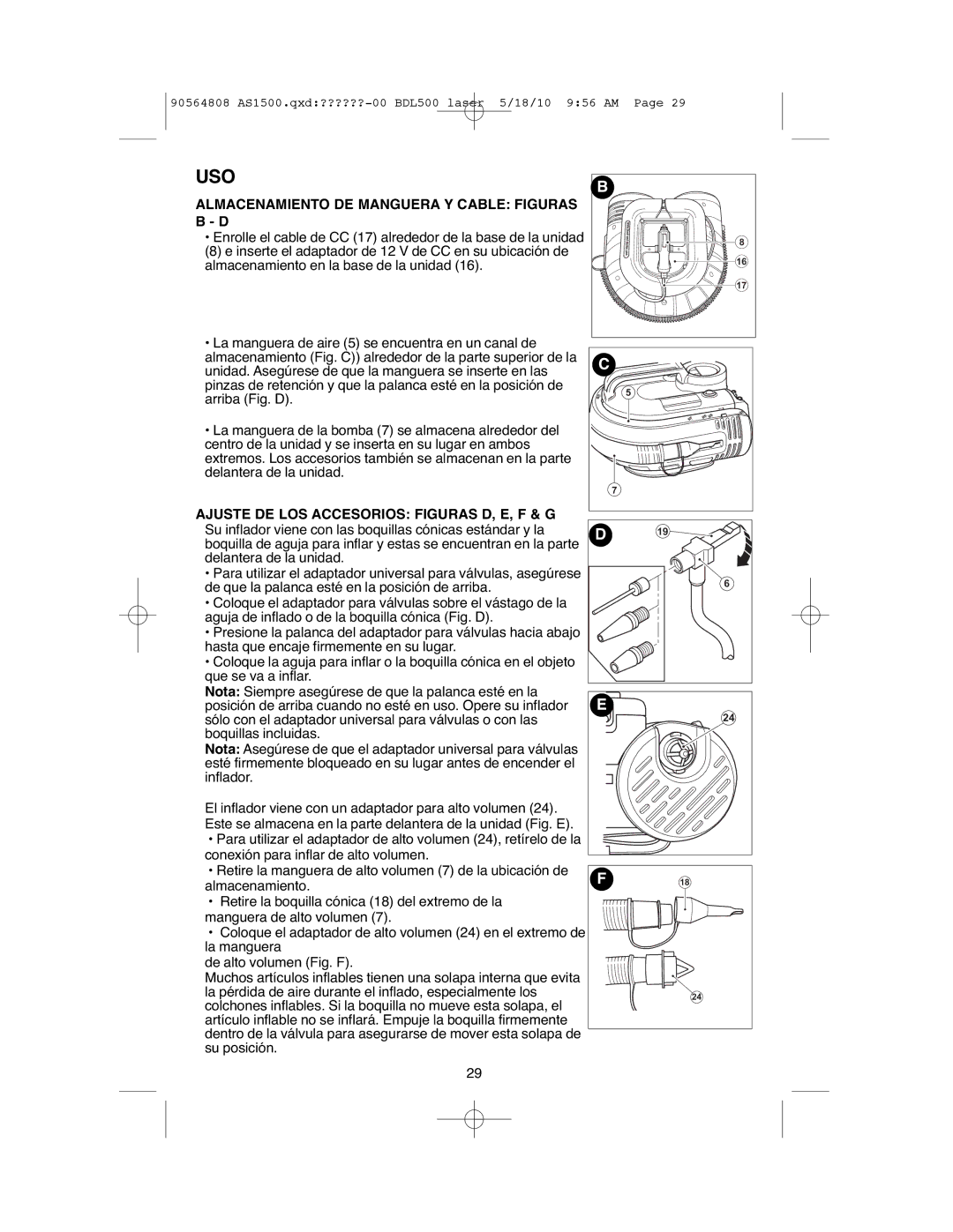 Black & Decker ASI500 instruction manual Uso, Ajuste DE LOS Accesorios Figuras D, E, F & G 