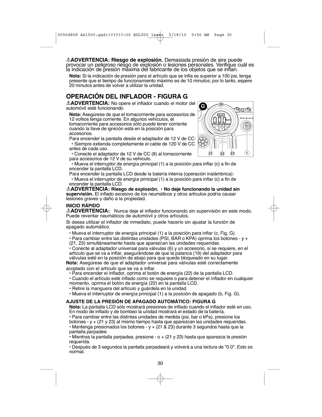 Black & Decker ASI500 Operación DEL Inflador Figura G, Inicio Rápido, Ajuste DE LA Presión DE Apagado Automático Figura G 