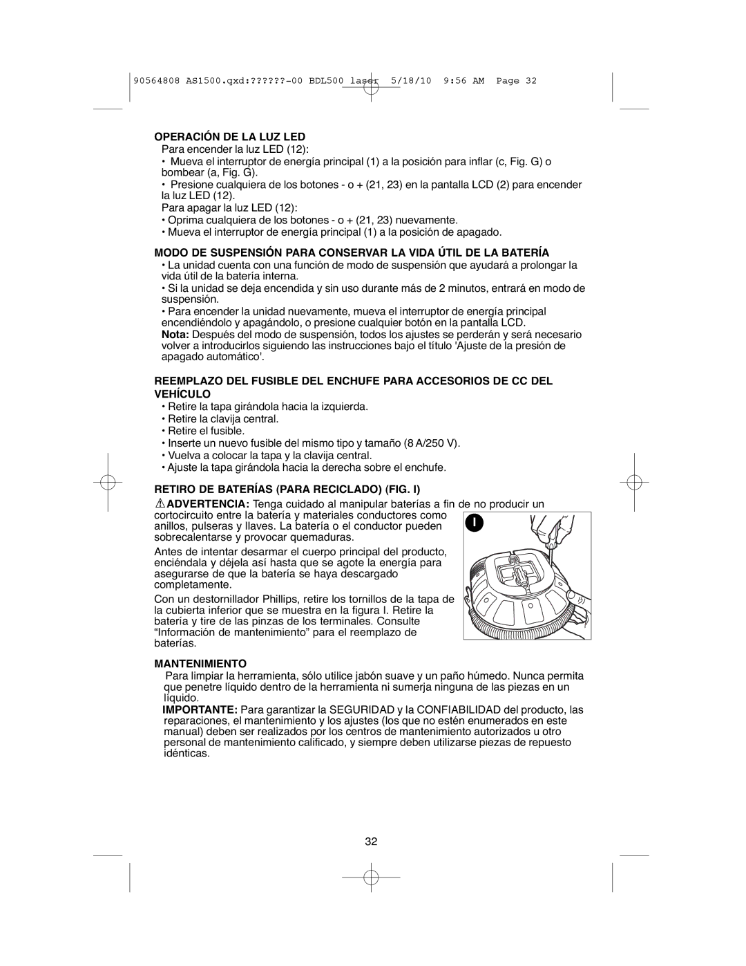 Black & Decker ASI500 instruction manual Operación DE LA LUZ LED, Retiro DE Baterías Para Reciclado FIG, Mantenimiento 