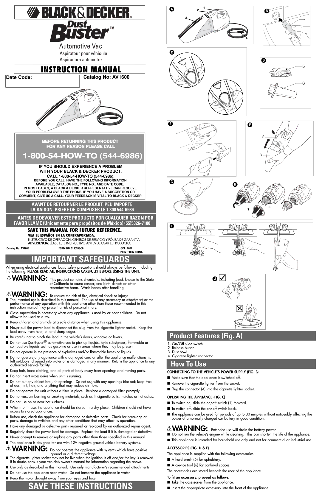 Black & Decker AV1600 instruction manual How-To, Product Features Fig. a, How To Use, VEA EL Español EN LA Contraportada 