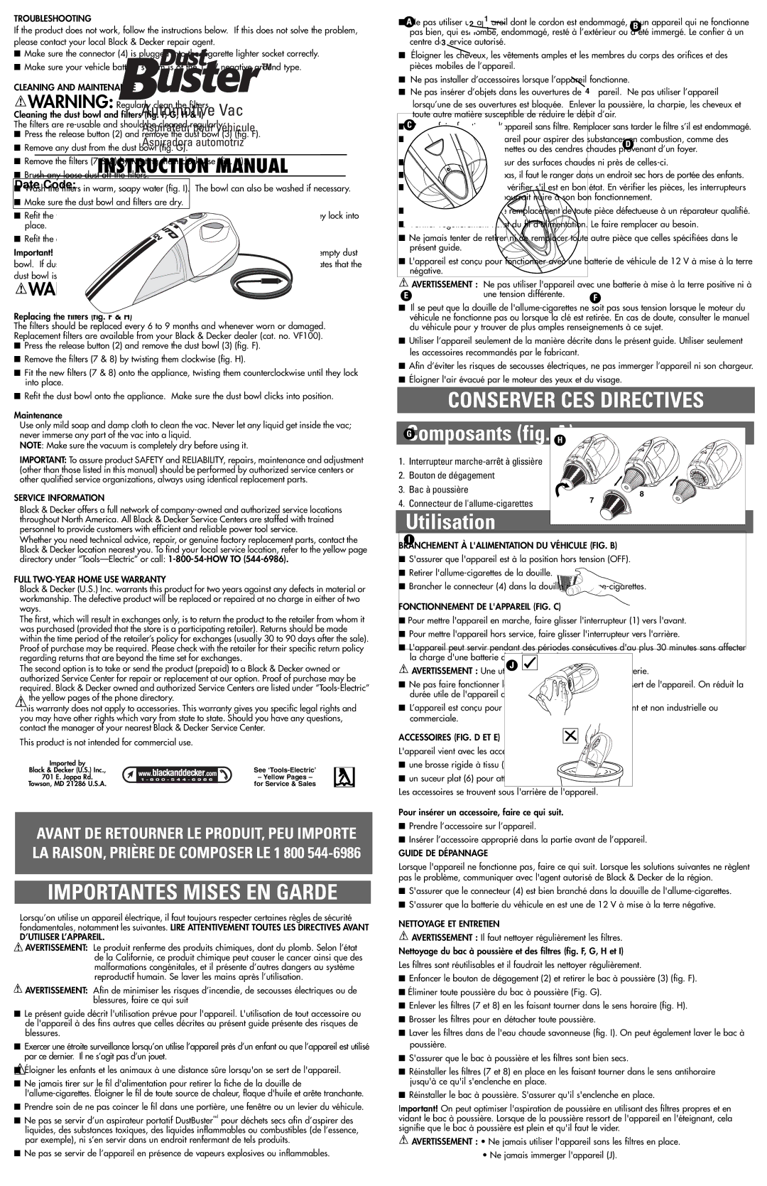 Black & Decker AV1600 Troubleshooting, Cleaning and Maintenance, Service Information, Full TWO-YEAR Home USE Warranty 