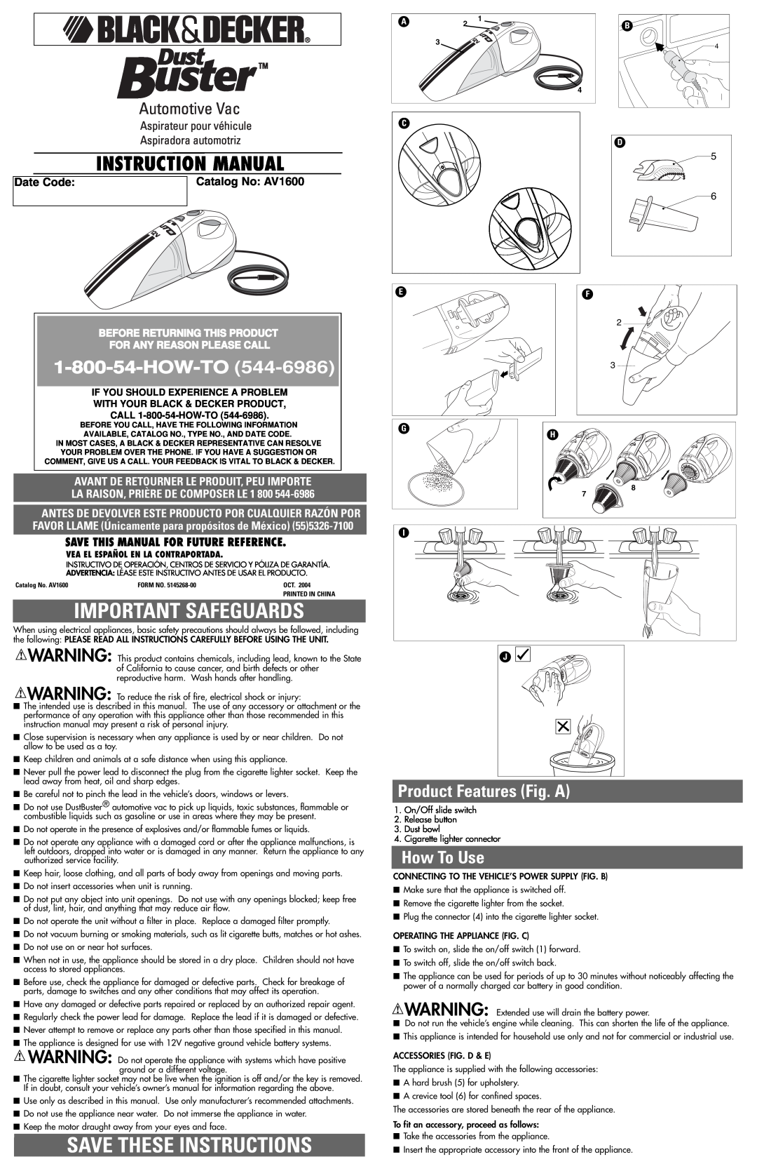 Black & Decker AV1600 instruction manual Important Safeguards, Save These Instructions, Product Features Fig. A, How-To 