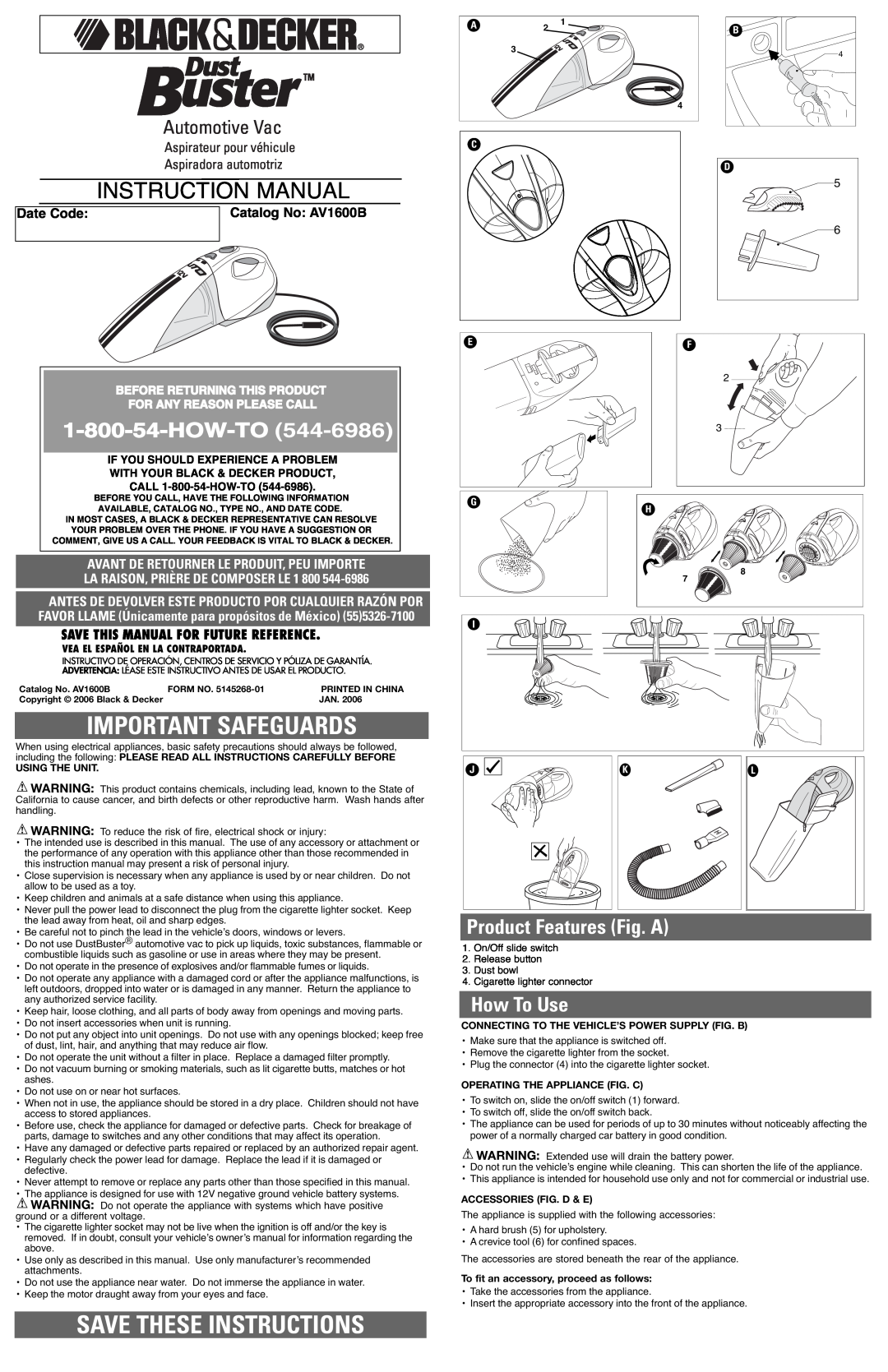 Black & Decker Av1600b instruction manual Important Safeguards, Save These Instructions, Product Features Fig. A, How-To 