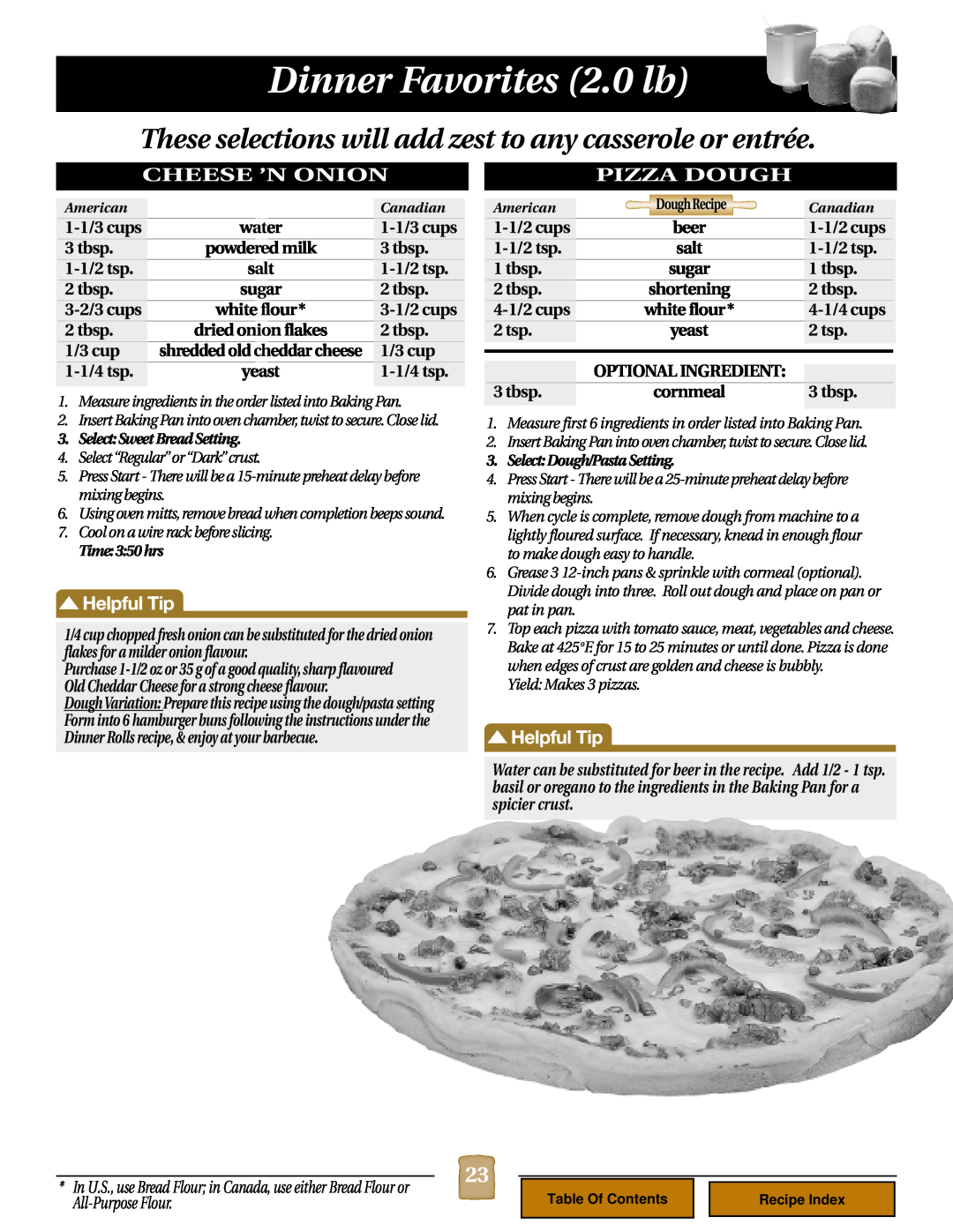 Black & Decker B1620 operating instructions Dinner Favorites 2.0 lb, Cheese ’N Onion, Pizza Dough 