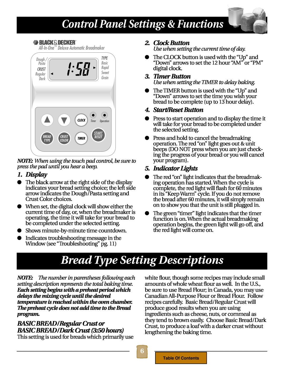Black & Decker B1620 Control Panel Settings & Functions, Bread Type Setting Descriptions, Display, Clock Button 