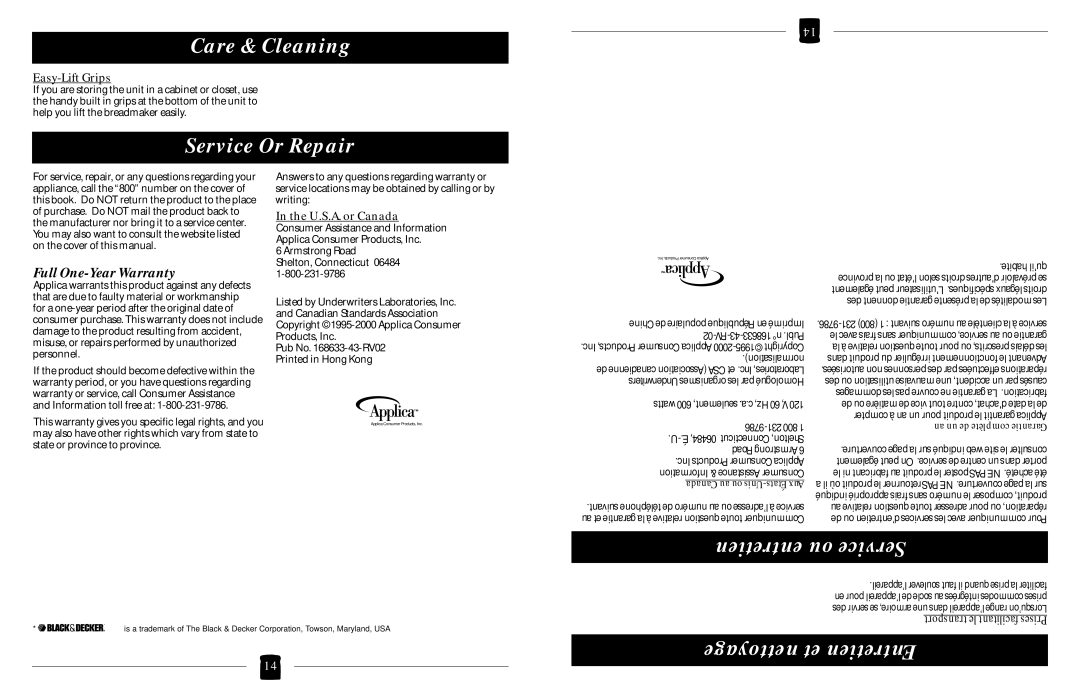 Black & Decker B1630 operating instructions Service Or Repair, Entretien ou Service 