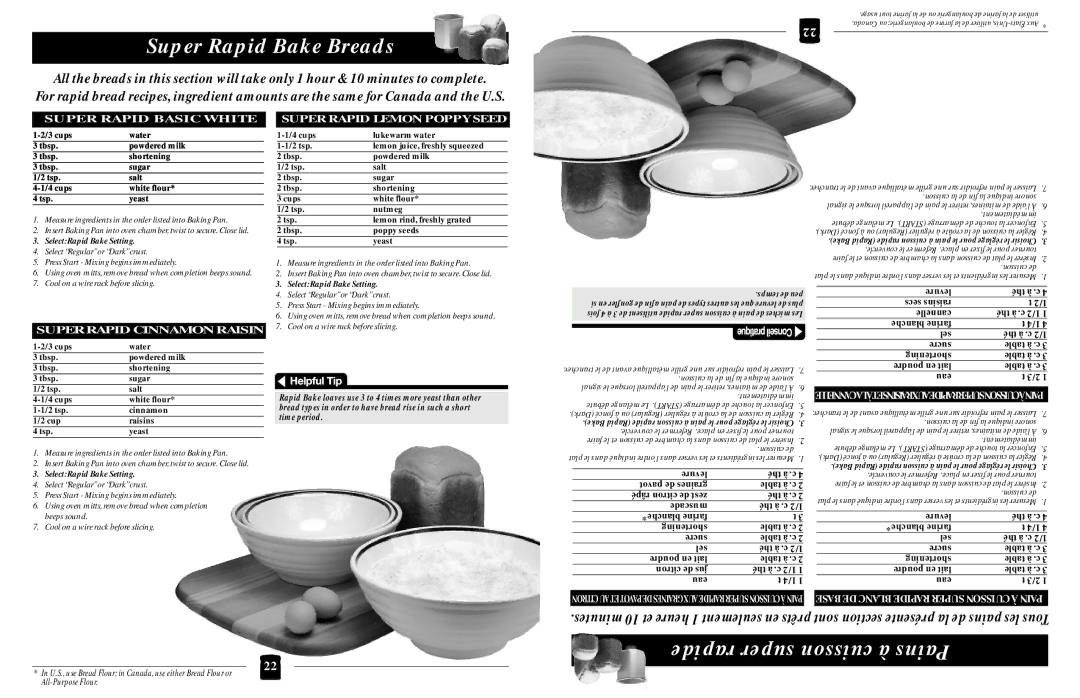 Black & Decker B1630 operating instructions Super Rapid Bake Breads, Rapide super cuisson à Pains, Super Rapid Basic White 