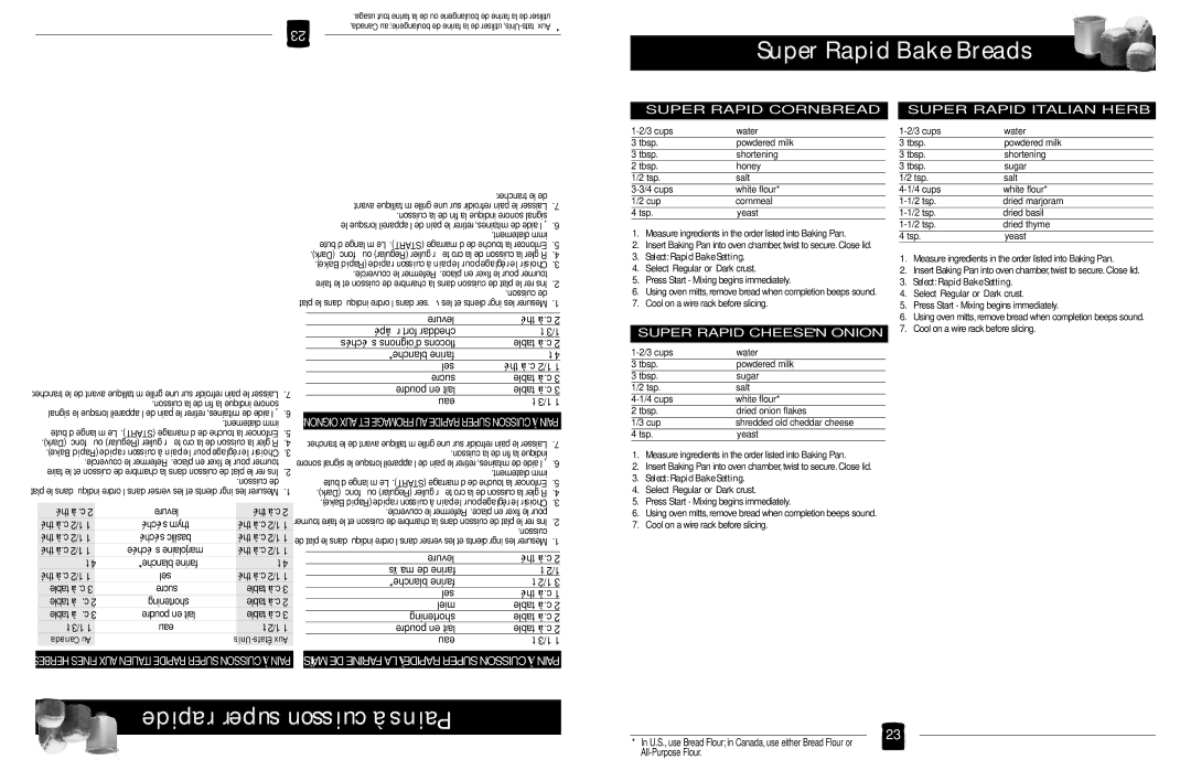 Black & Decker B1630 operating instructions Super Rapid Cornbread, Super Rapid Italian Herb, Super Rapid Cheese ’N Onion 