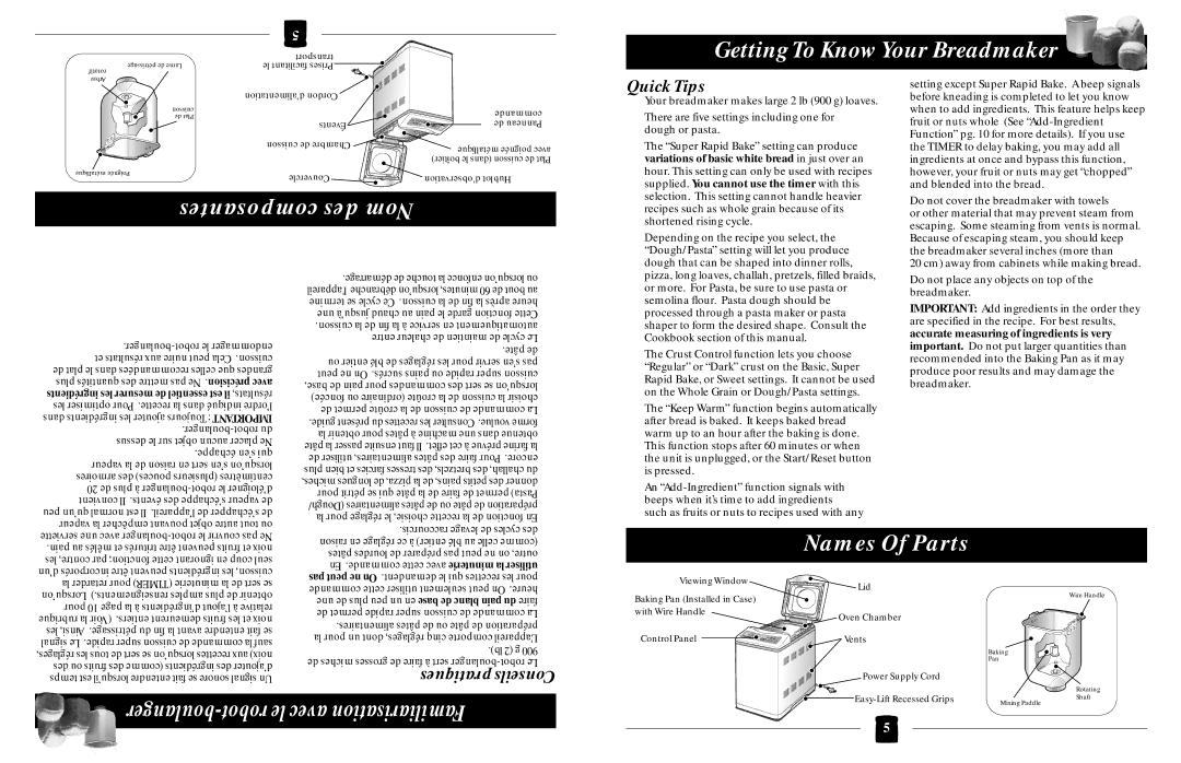 Black & Decker B1630 operating instructions Getting To KnowYour Breadmaker, Composantes des Nom, Names Of Parts 