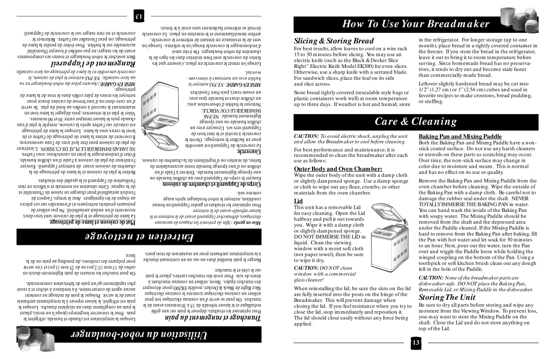 Black & Decker B1630 Care & Cleaning, nettoyage et Entretien, How To Use Your Breadmaker, boulanger-robot du Utilisation 