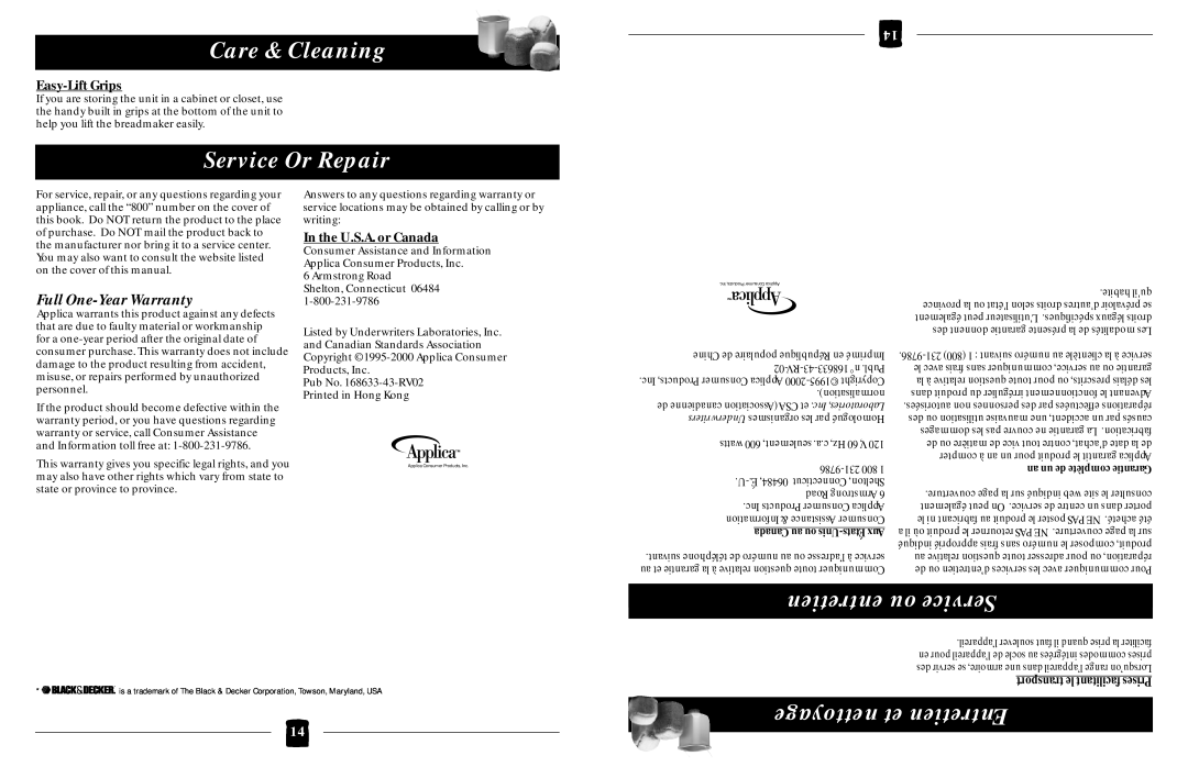 Black & Decker B1630 Service Or Repair, entretien ou Service, Care & Cleaning, nettoyage et Entretien, Easy-Lift Grips 