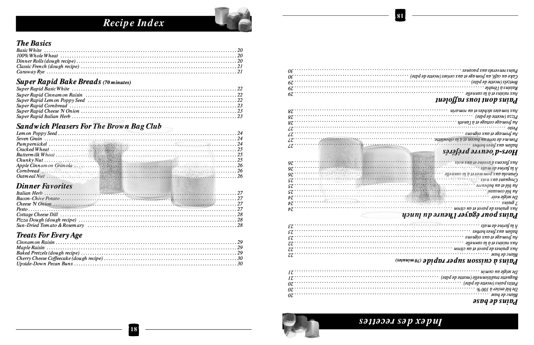 Black & Decker B1630 operating instructions Recipe Index, recettes des Index 