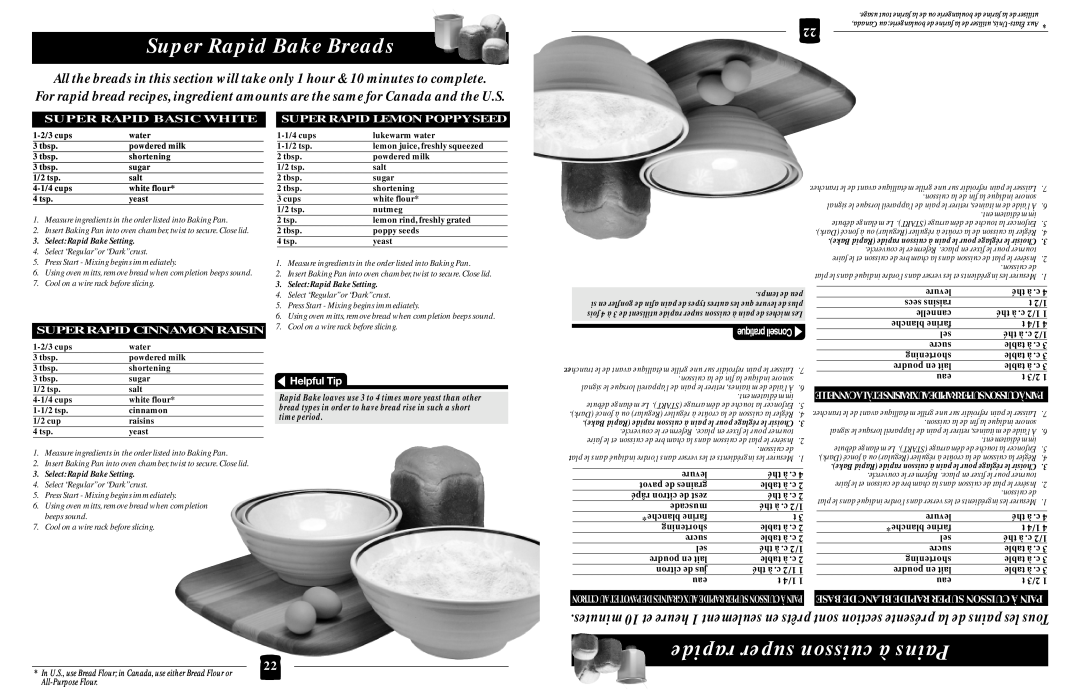 Black & Decker B1630 operating instructions Super Rapid Bake Breads, rapide super cuisson à Pains, Super Rapid Basic White 