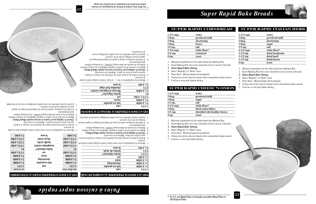 Black & Decker B1630 operating instructions Super Rapid Bake Breads, rapide super cuisson à Pains, Super Rapid Cornbread 