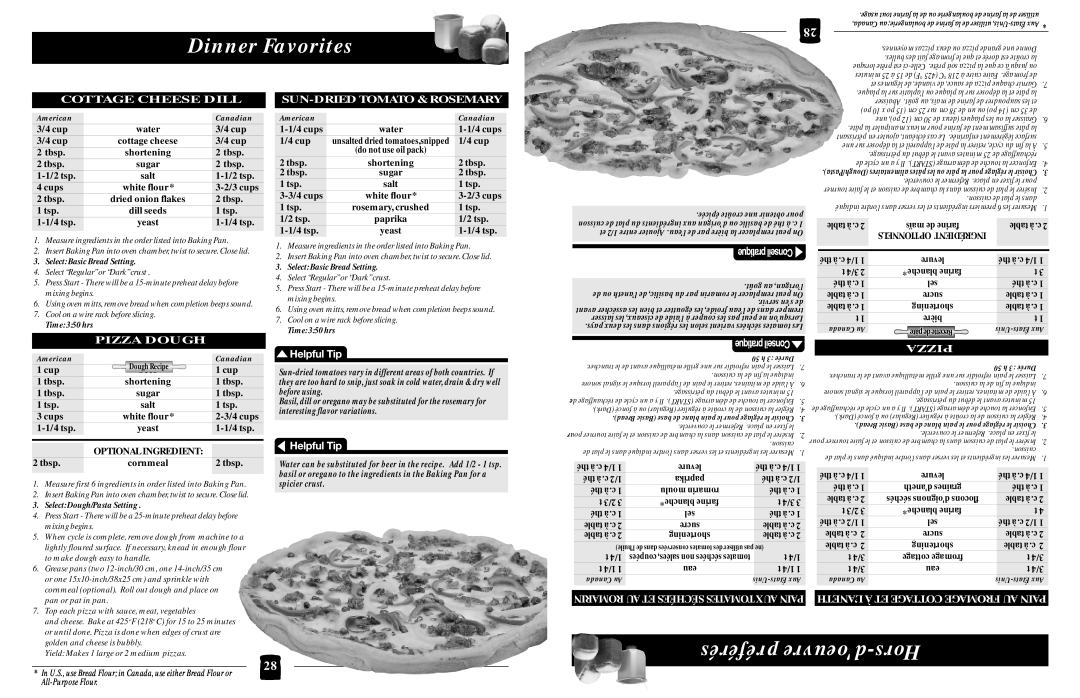 Black & Decker B1630 operating instructions Dinner Favorites, préférés doeuvre-Hors, Cottage Cheese Dill, Pizza Dough 