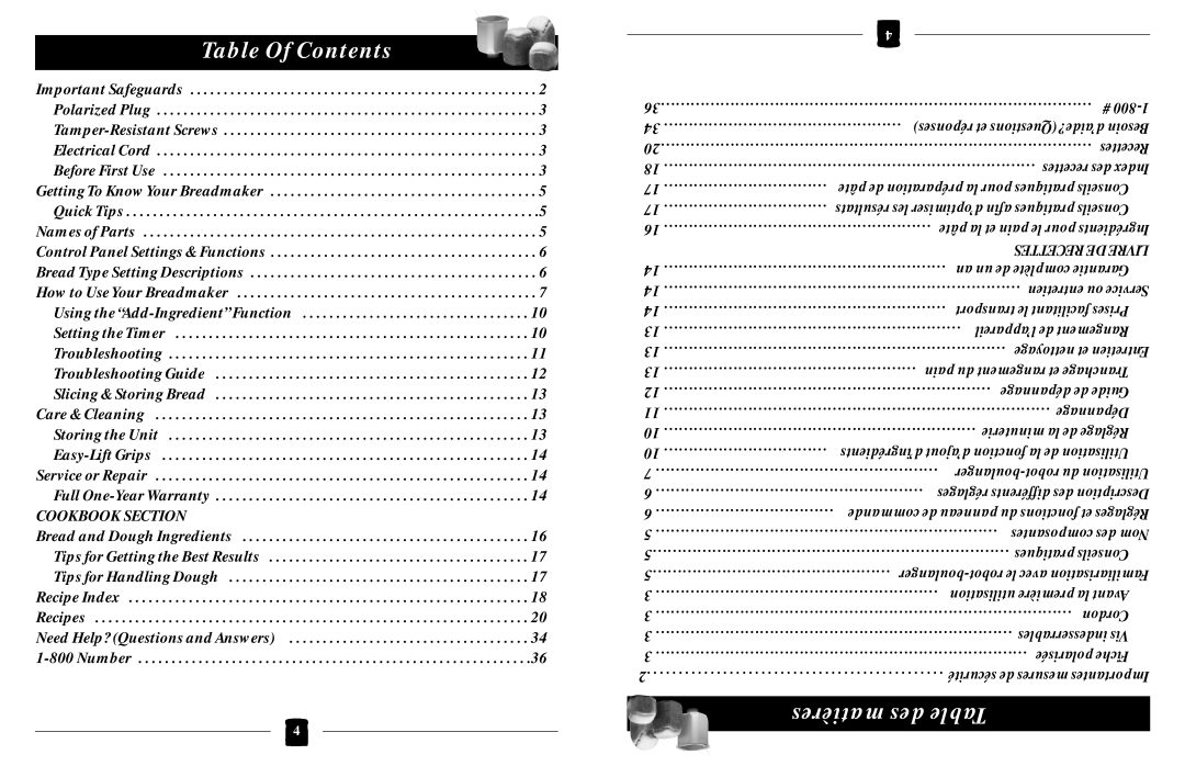 Black & Decker B1630 operating instructions Table Of Contents, matières des Table 