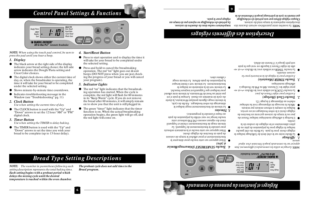 Black & Decker B1630 Control Panel Settings & Functions, réglages différents des Description, Display, Clock Button 
