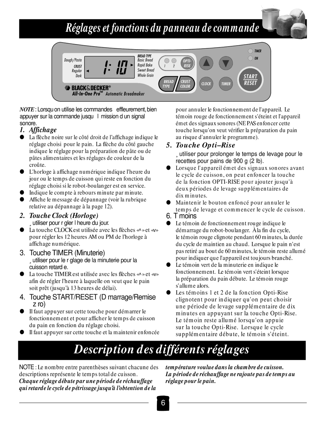 Black & Decker B1650 manual Réglages et fonctions du panneau de commande, Description des différents réglages 